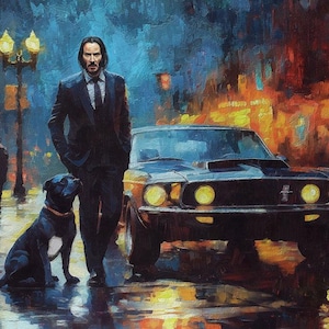 May include: A man in a black suit and tie stands with a black dog in front of a black classic car. The car has yellow headlights and is parked on a wet street. The background is a blurry cityscape with streetlights.