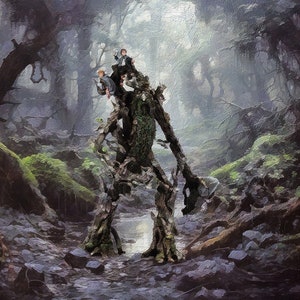 May include: A large, tree-like creature stands in a misty forest. The creature is made of branches and leaves, and has a humanoid shape. Two small figures stand on the creature's shoulder.