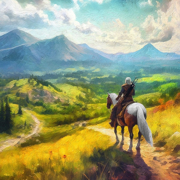 Stampa su tela Witcher Riding Solo 3, regalo Witcher, arte da parete Witcher, stampa Witcher, stampa su tela Geralt