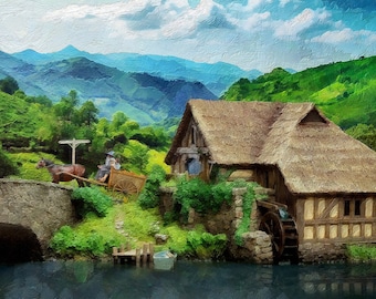 Wydruk na płótnie Shire, Gandalf i Frodo, Grafika z LOTR, Wydruk z LOTR, Prezent z LOTR