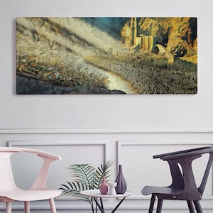 Peut inclure: Une peinture représentant une grande armée marchant vers une ville fortifiée. L'armée est composée de nombreux soldats, et la ville est entourée d'un mur. La peinture est réalisée dans un style qui rappelle l'art fantastique.