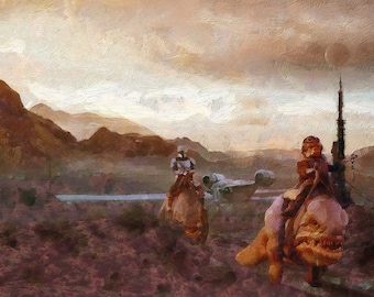 Mandalorian and Kuiil Canvas Print, Mandalorian ART, Mandalorian PRINT, Mandalorian GIFT