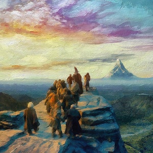 May include: A group of people walking along a rocky path towards a mountain peak in the distance. The sky is a vibrant mix of pink, orange, and blue, with fluffy clouds. The scene is reminiscent of a fantasy landscape.