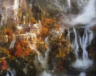 Wydruk na płótnie Rivendell, sztuka z filmu Władca Pierścieni, wydruk z filmu Władca Pierścieni, prezent z filmu Władca Pierścieni