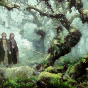 Merry and Pippin at the Fangorn Forest Canvas Print, LOTR Art image 1