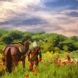 Può includere: Un dipinto a olio raffigura una figura in armatura che cammina con un cavallo attraverso un campo di papaveri rossi e girasoli. Il cielo è un misto di blu, rosa e grigio, con alberi verdi sullo sfondo. Il cavallo è marrone con una sella.