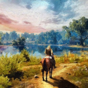 Puede incluir: Un jinete solitario a caballo viaja por un camino de tierra hacia un lago. El cielo es una mezcla vibrante de rosa, naranja y azul, con nubes esponjosas. Los árboles verdes y exuberantes bordean la orilla del lago, creando un paisaje sereno y pintoresco.