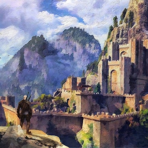 May include: A lone figure stands on a rocky ledge overlooking a large, fortified castle nestled in a mountainous landscape. The castle is built into the side of a cliff, with a large gate and towers. The sky is cloudy and the air is filled with a sense of mystery.