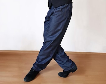 Denim tangobroek: marineblauwe danskleding met ritssluiting of elastische taille