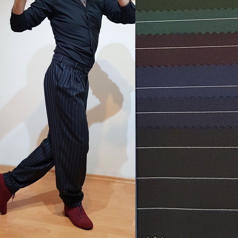 Rockabilly Men’s Clothing White Striped Black Tango Pants | Untangomas Tango Trousers $109.00 AT vintagedancer.com