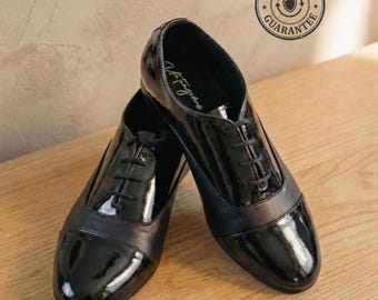 Chaussures de tango noires pour hommes en cuir verni avec semelle en daim, 2,5 cm - Garantie d'échange