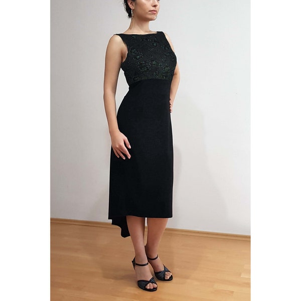 Robe tango verte et noire | Mannequin Helen, robe tango à motifs, robe de soirée ajustée, robe de cocktail