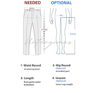 Op de afbeelding: Diagram met instructies voor het meten van een broek. De benodigde maten zijn taille en lengte. De optionele maten zijn heup en binnenbeenlengte. Het diagram toont een persoon die staat met de maten aangegeven op hun lichaam.