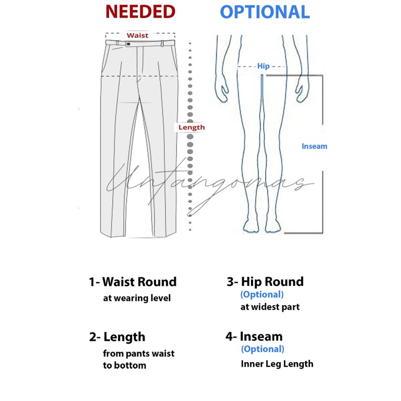 Op de afbeelding: Diagram met instructies voor het meten van een broek. De benodigde maten zijn taille en lengte. De optionele maten zijn heup en binnenbeenlengte. Het diagram toont een persoon die staat met de maten aangegeven op hun lichaam.