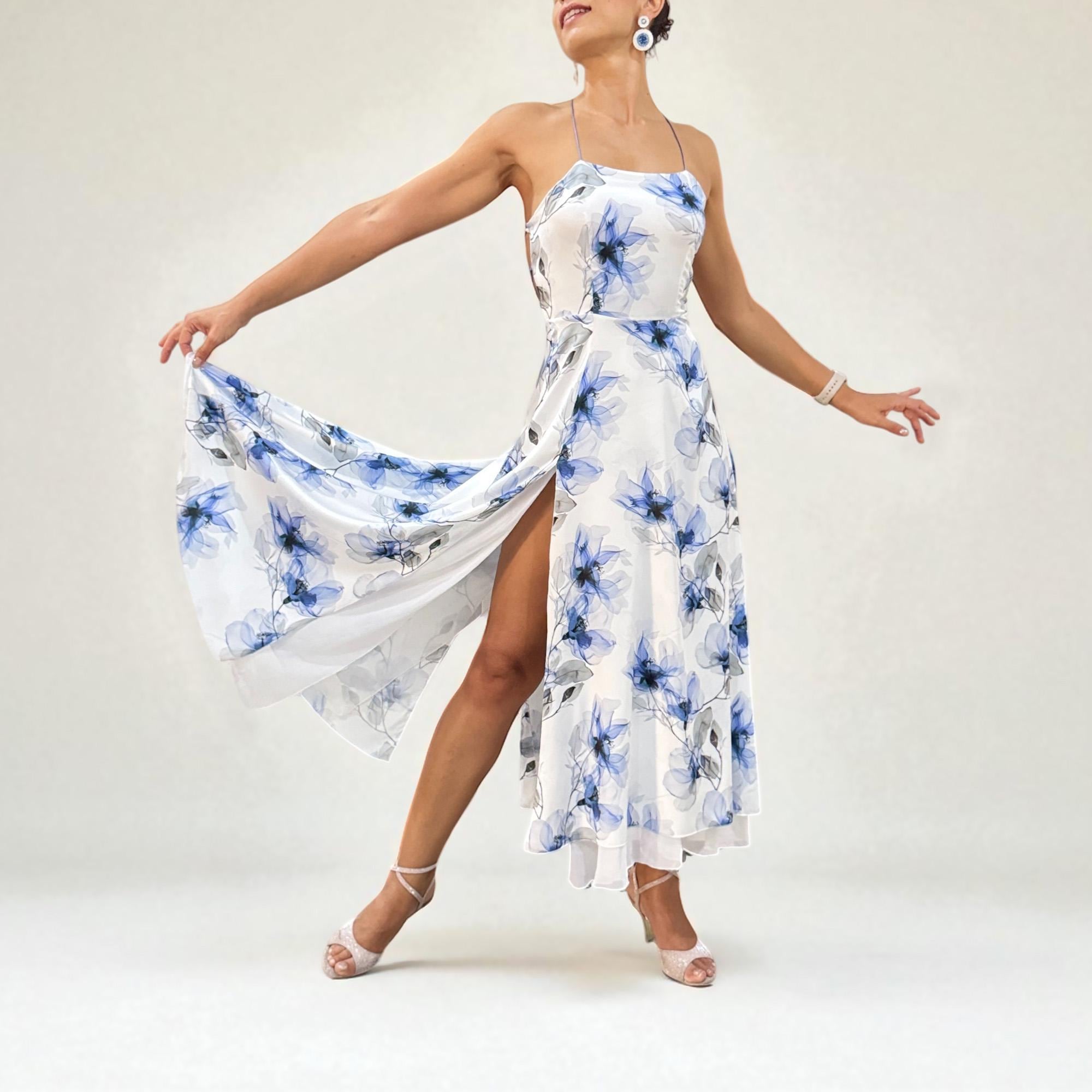 Floral Satin Tango Dress: White & Blue, Criss-cross Back, Slit Skirt - Etsy Israel Floral Satin Tango Dress: White & Blue, Criss-cross Back, Slit Skirt - Etsy Israel