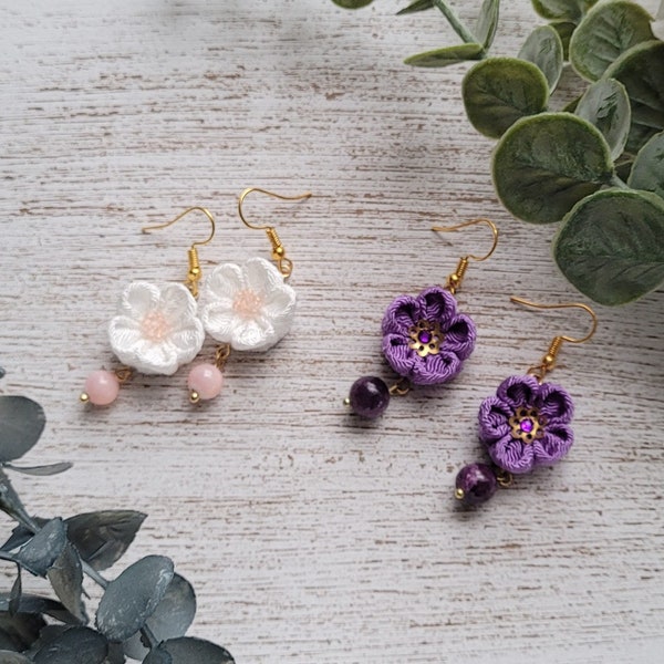 White/Purple Fabric Flower Earrings w/ Semi-Precious Stones, Japanese Tsumami Zaiku Kanzashi Flower, Choice of Hooks, Ball Posts, or Clip-on