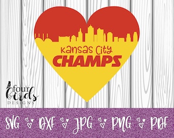 May include: A red and yellow heart-shaped graphic with a silhouette of the Kansas City skyline and the text "Kansas City CHAMPS".