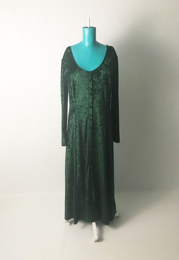90/'s Vintage Forest Green Crushed Velvet Grunge Dress Gothic Long Sleeve Full Length Dress Modern Witch Dress Size Large