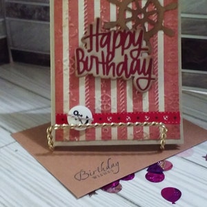 Tarjeta de cumpleaños náutica, hecha a mano, estampada a mano, tarjeta masculina, tarjeta para marinero, tarjeta con timón de barco, escribe tu propio sentimiento en el interior
