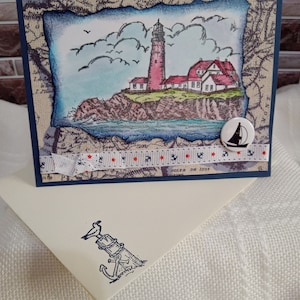 Leuchtturm-Grußkarte, nautische Grußkarte, nautische jede Anlasskarte, Hand gestempelte Karte, handgemachte Karte, Karte für Ihn, Karte für Sie