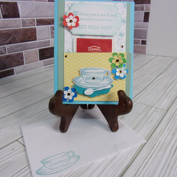 Handmade Hand Stamped Get Well Greeting Card With Teacup and Pouch For Tea Bag, Blank Inside, Cheerful Flowers, And Bright Rhinestones, gift