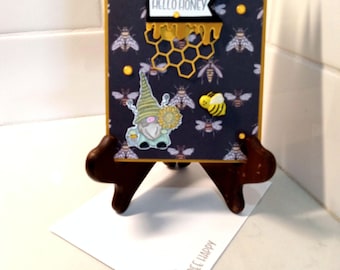 Birthday Greeting Card Bee and Gnome  Handmade Hand Stamped, Hap-Bee Birthday, Honeycomb, Honey, Gift for Him or Her, Gift for Bee Keeper
