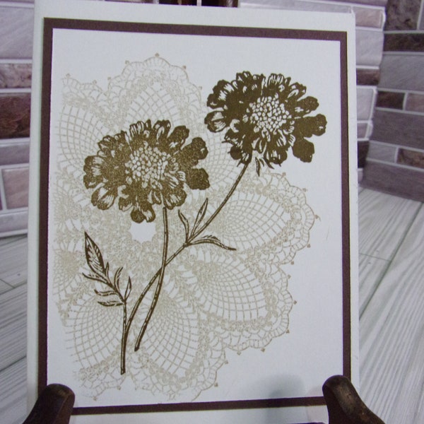 Handmade Hand Stamped All Occasion Greeting Card With Flowers and Lace Doily, White Tan and Brown Color Scheme, Blank Inside