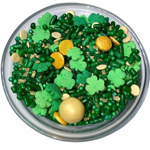 Sprinkle Mix Pot of Gold Sprinkle Mix -- St Patrick&#39;s Day Dark Green Gold Coins Sprinkles Four Leaf Clovers Gold Green Sugar Crystals