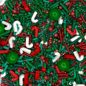 Zuckerstangen-Streusel -- Essbare Weihnachten Winter Urlaub Sprinkle Mix Grün Dunkelgrün Party Rot Weiß Candy Cane Streusel