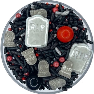 Sprinkle Mix Graveyard Cemetary Sprinkle Mix -- Large RIP Gravestone Red Sprinkles Black Sprinkles Black Sugar Sprinkles Red Shimmer Sugar