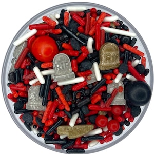 Sprinkle Mix Rest in Peace Sprinkle Mix -- Scary Halloween Black Red Sprinkles Blood Sprinkles Boo Graveyard Memorial Cemetary Knife