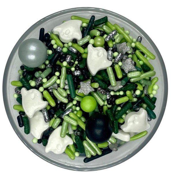 Spooky Ghosts Sprinkle Mix -- Halloween Greens Black White Lime Green Silver Black Sprinkles White Ghosts Sprinkles Fall Party Supplies