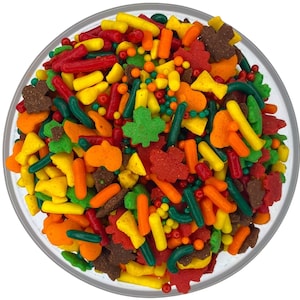 Sprinkle Mix Autumn Cornucopia Sprinkle Mix -- Fall Harvest Sprinkles Pumpkin Confetti Green Red Yellow Leaf Wheat Harvest Rustic Sprinkles