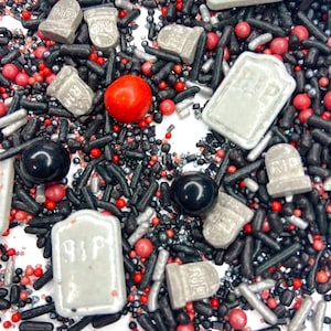 Sprinkle Mix Graveyard Cemetary Sprinkle Mix -- Large RIP Gravestone Red Sprinkles Black Sprinkles Black Sugar Sprinkles Red Shimmer Sugar