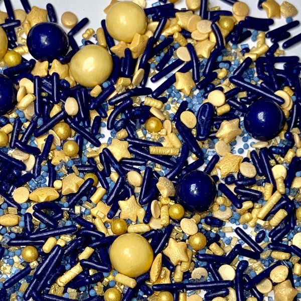 Navy and Gold Sprinkle Mix -- Star Night Navy Birthday Navy Sprinkles Gold Sprinkles Star Sprinkles Wedding Colors Astrological Party
