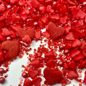 Romantic in Red Sprinkle Mix -- Valentines Wedding Shower Sprinkle Mix Red Sprinkles Red Heart Sprinkles Red Sugar Crystals Jimmies