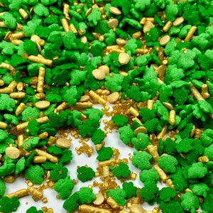 Sprinkle Mix Baby Shamrocks Sprinkle Mix -- St Patrick&#39;s Day Green Sprinkles Gold Coins Four Leaf Clovers Gold Shimmer Crystals Shamrocks