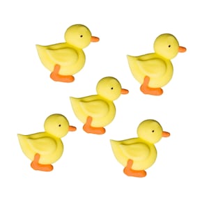 May include: Five yellow duck cake decorations with orange feet.