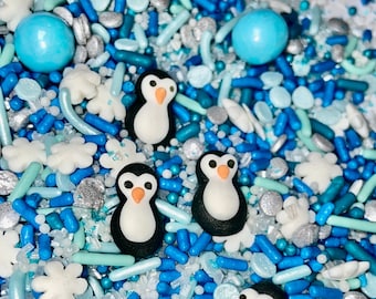 Sprinkle Mix Penguin Party Sprinkle Mix -- Edible Winter Holidays Sprinkle Mix Royal Icing Penguins Blue Snowflake Sprinkles Christmas