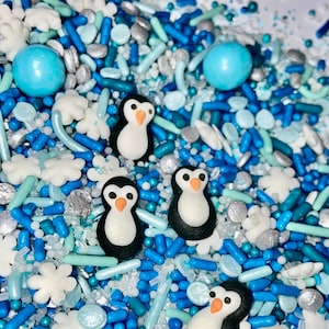Sprinkle Mix Penguin Party Sprinkle Mix -- Edible Winter Holidays Sprinkle Mix Royal Icing Penguins Blue Snowflake Sprinkles Christmas
