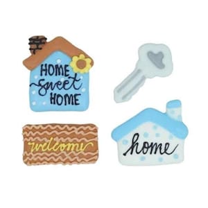 Royal Icing Home Sweet Home -- Royal Icing Transfer Brown Blue Tan Sugar House Key Welcome Mat Home Welcome Home Regalo di inaugurazione della casa
