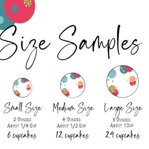 May include: An image with the text "Size Samples" and size comparisons. The sizes range from Sample Size (1/2 ounce) to XLarge Size (16 ounces). Each size is displayed with a corresponding number of cupcakes.