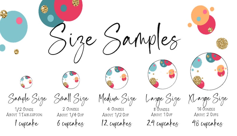 May include: An image with the text "Size Samples" and size comparisons. The sizes range from Sample Size (1/2 ounce) to XLarge Size (16 ounces). Each size is displayed with a corresponding number of cupcakes.