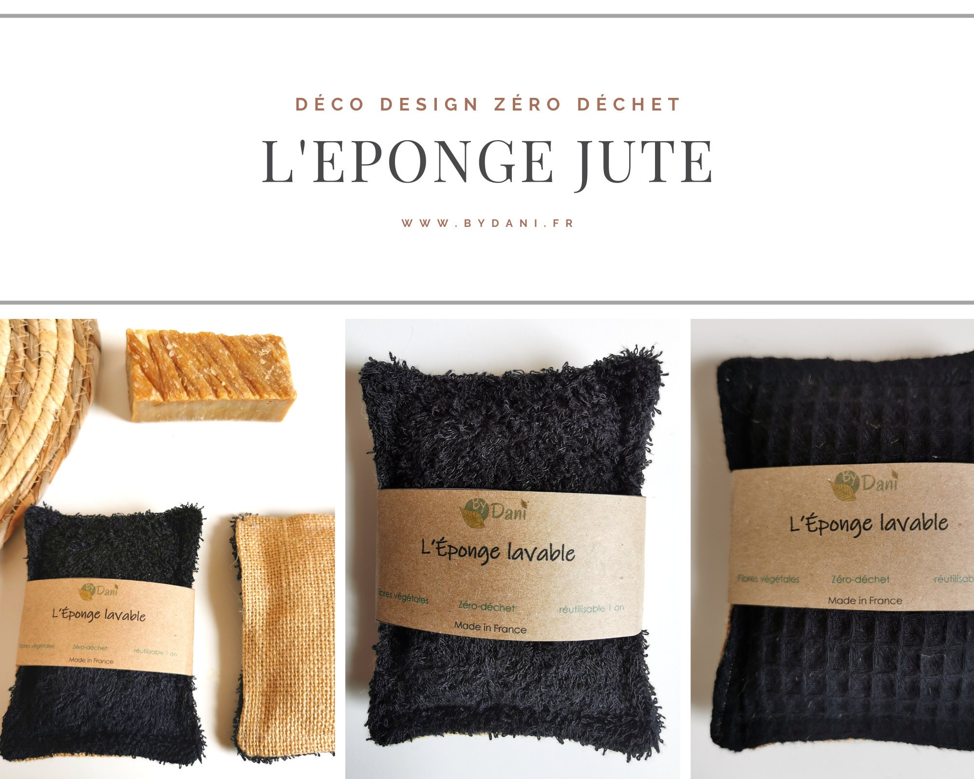 Éponges en Jute Déco & Zéro Déchet - Éponge Lavable Jute, Bambou et Nid d'abeille