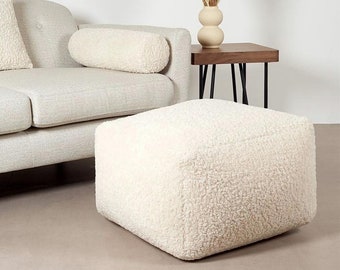 Square boucle pouf ottoman, teddy stool, coffee table , Floor cushion pouf