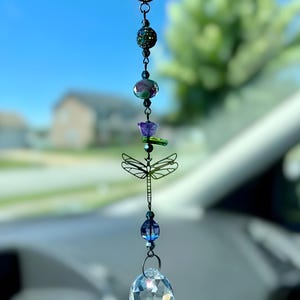 Purple Dragonfly Car Mirror Hanger, Crystal Charm Suncatcher, Rearview Mirror Accessories