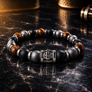 Tiger Eye, Black Onyx & Hematite 10mm Beaded Stretchy Bracelet for Men with Stainless Skull Head Bead | Strength Protection Gift for Him
