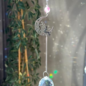 Gorgeous Pink Fairy Moon Crystal Suncatcher, Boho Rainbow Maker Window Hanging Art Decor