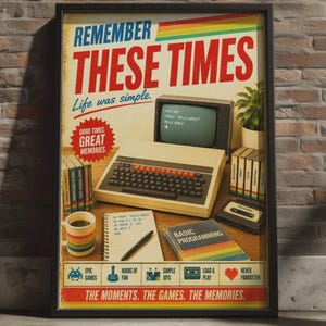 May include: A framed poster titled REMEMBER THESE TIMES featuring a vintage computer, a notebook, a mug with rainbow stripes, a cassette tape, and a book labelled BASIC PROGRAMMING. The design includes retro graphics, text, and a rainbow stripe accent.