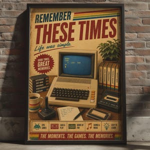 May include: A framed poster featuring a vintage computer, a joystick, a coffee mug, and cassette tapes. The text reads: REMEMBER THESE TIMES, Life was simple, GOOD TIMES GREAT MEMORIES, EPIC GAMES, LOAD & PLAY, HOURS OF FUN, SOUND & MUSIC, EASY TO LEARN, THE MOMENTS, THE GAMES, THE MEMORIES.